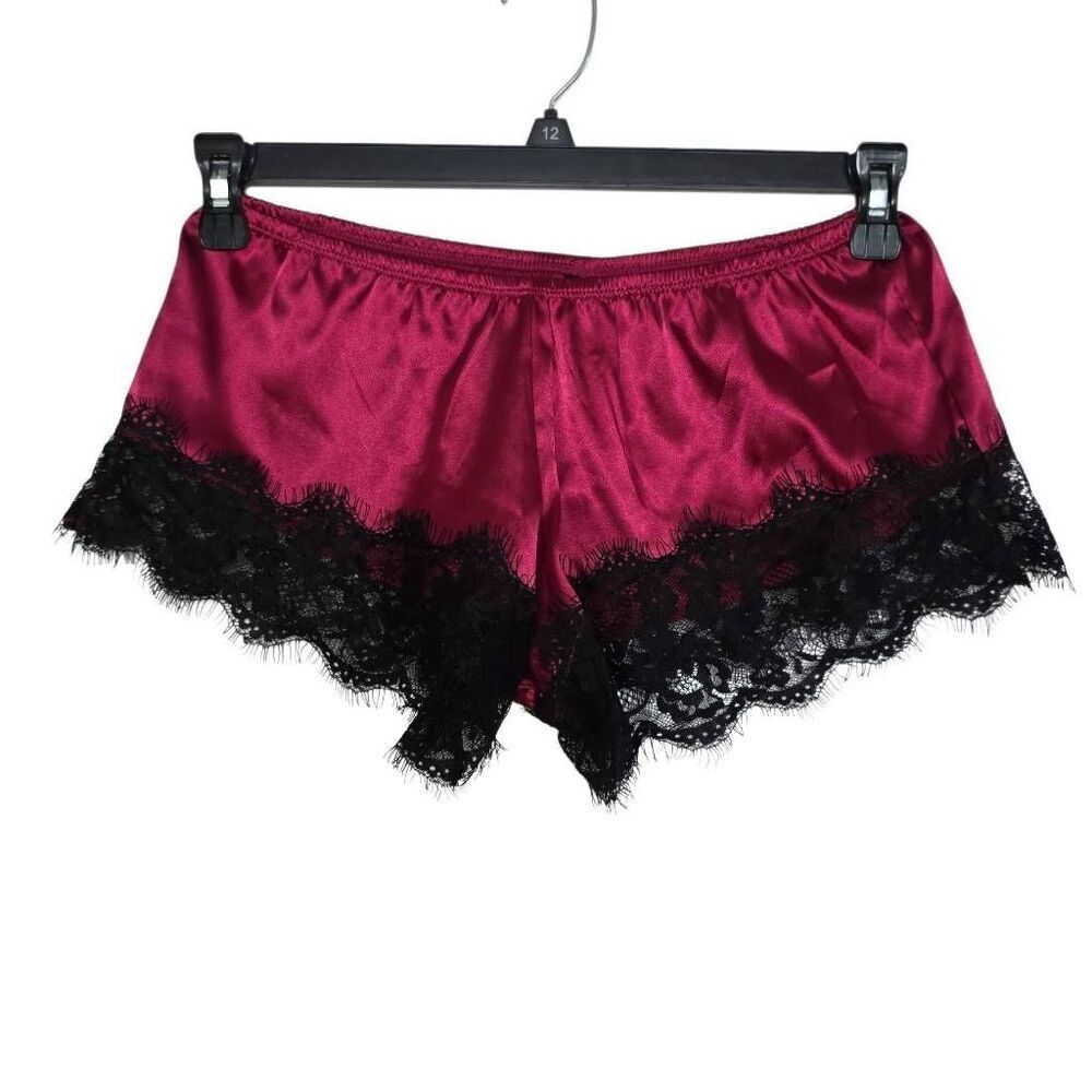 Frederick's of Hollywood Women's Size Small Burgundy Black Lace Satin Shorties
